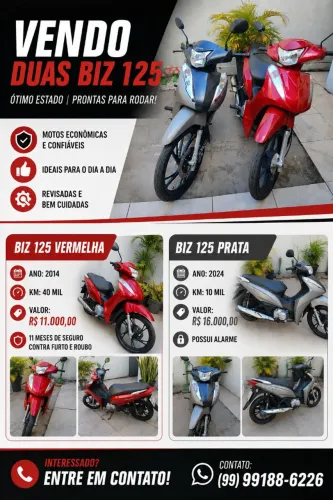 Vendo duas motos Honda Biz 125, uma 2024 e outra 2014