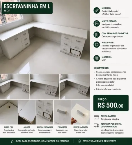 Escrivaninha em L grande de MDF com gavetas e armários