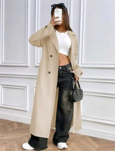 EMERY ROSE Casaco Trench Longo Transpassado Casual Feminino de Cor Sólida, Outono