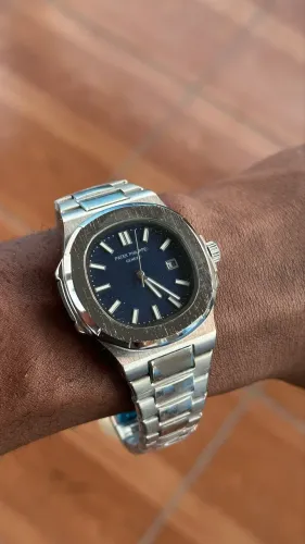Relógio Prata Estilo Nautilus - Mostrador azul escuro