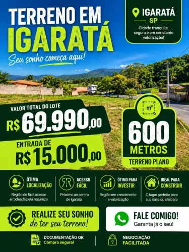 **LOTES DE 600m² EM IGARATÁ SEU ESPAÇO PARA VIVER E INVESTIR!** Imagine ter um amplo lo