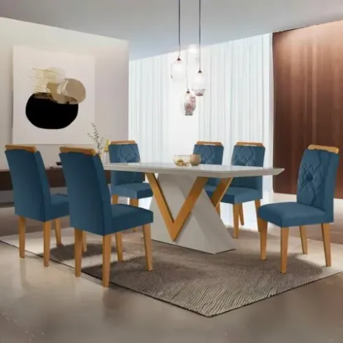 Mesa de Jantar Retangular com Tampo de Vidro e 8 Cadeiras Azul 