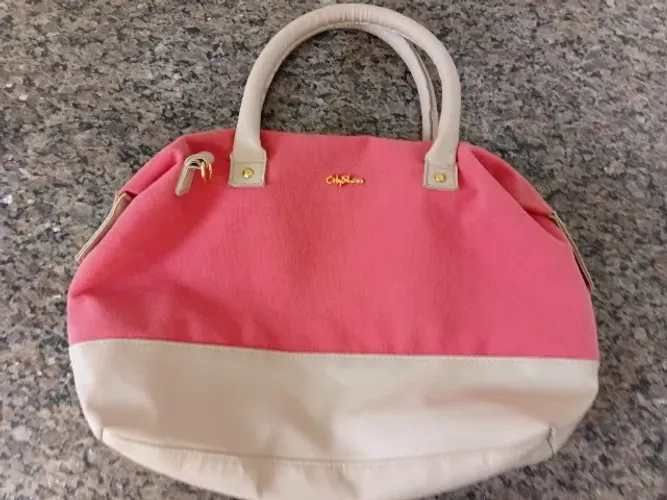 Bolsa City Shoes em Lona Salmão e Couro Bege, Impecável, Estado de Nova!