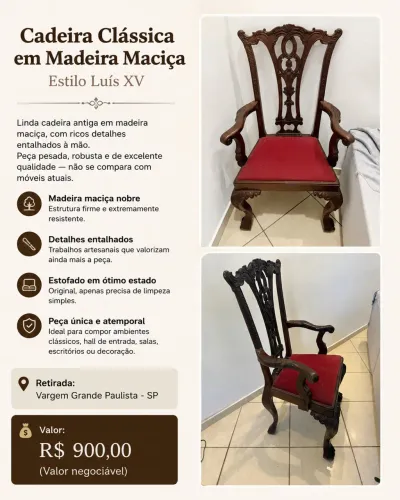 Cadeira antiga em madeira maciça entalhada - estilo clássico