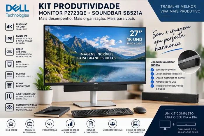 Kit Monitor + Soundbar , Monitor Dell 27pol 4K IPS mais a Soundbar SB521A