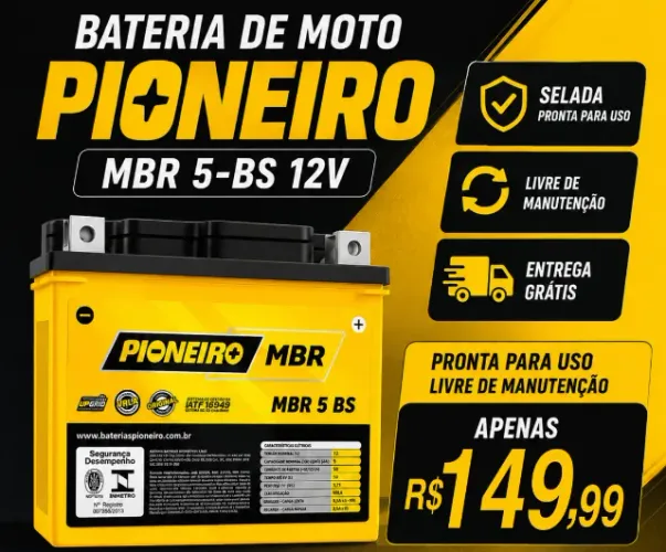 Bateria de Moto Pioneiro Selada MBR 5-BS 12V - 1X SEM JUROS PIX C/DESCONTO