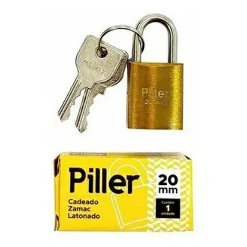Cadeado 20mm com 2 Chaves ,PILLER em aço inoxidável latonado