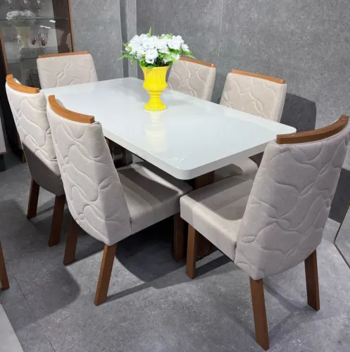 Conjunto de mesa de jantar com 6 cadeiras 100% MDF tecido lonho flores