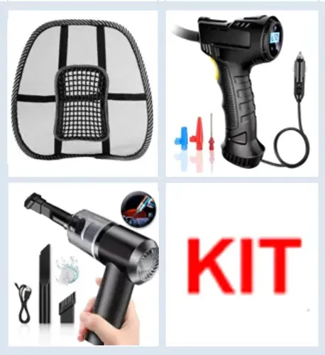 Kit ( Compressor de Ar Veicular Com Fio + Encosto Lombar + Mini Aspirador de Pó ) z1033