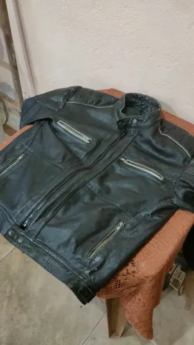 Jaqueta de couro legítimo com linhas refletivas motociclista 