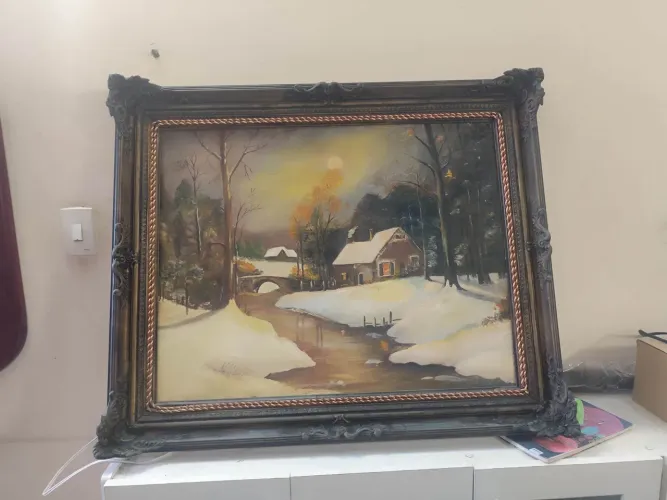 Quadro Pintura Paisagem de Inverno com Molduda