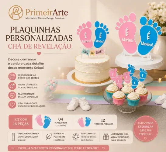 Kit Chá de Revelação Personalizado com 04 Plaquinhas + 12 Toppers | Personalize Texto