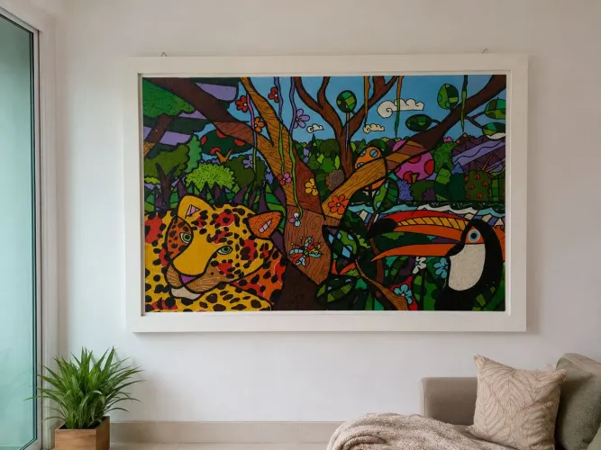 Quadro quebra-cabeça montado e emoldurado, pronto para decorar.