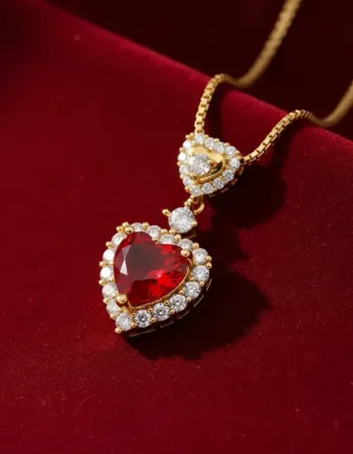 Colar Feminino Coração Duplo Vermelho Com Zircônias
