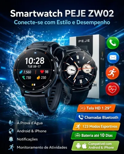 Smartwatch PEJE ZW02 - Chamadas Bluetooth + 123 Esportes + 10 Dias de Bateria