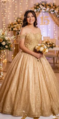 Vestido Debutante 15 anos Dourado Raridade Todo Trabalhado