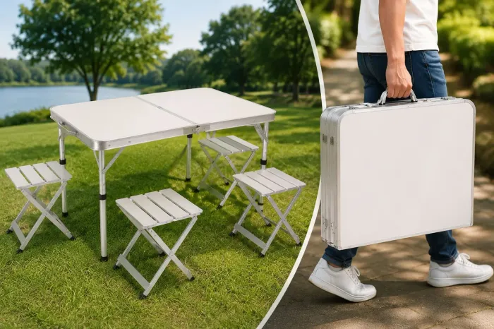 Mesa Maleta Dobrável com 4 Bancos Portátil Alumínio Camping e Praia