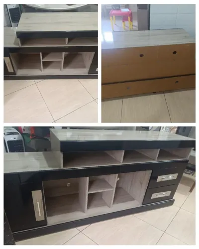 Rack na cor carvalho acinzentado com preto. Medindo 1,50 cm de comprimento e 75cm de alt.