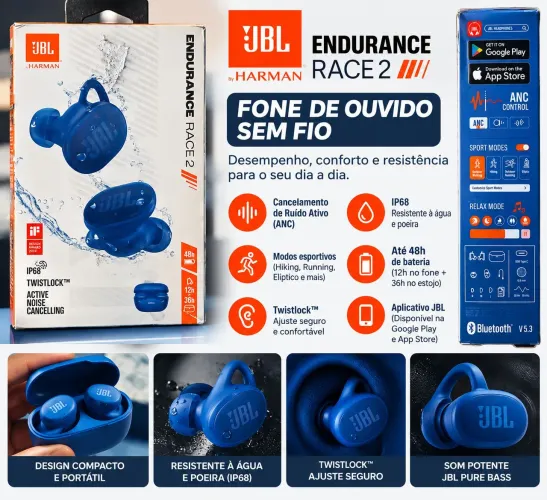 Fone JBL Endurance Race 2 Bluetooth ANC IP68 Azul - Sem Fio