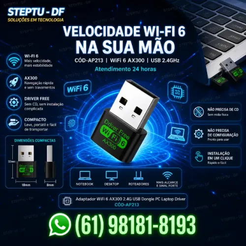 Receptor WiFi 6 AX300 2.4G USB Dongle PC Laptop Driver Arduino Automação COD-AP213
