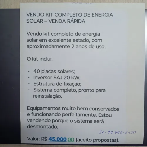 Kit seminovo completo de energia solar. 45.000,00. Wts *. Denise