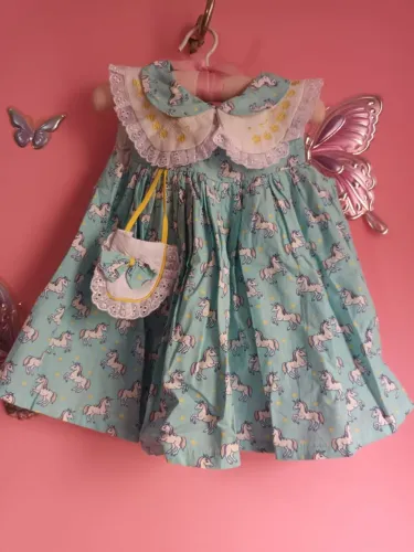 Vestido infantil luxo azul unicórnios 1 a 2 anos