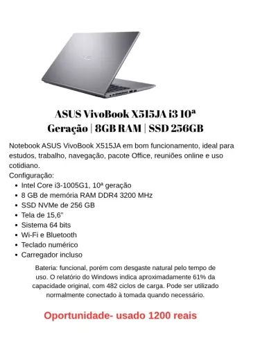 ASUS VivoBook X515JA i3 10ª Geração 8GB RAM SSD 256GB
