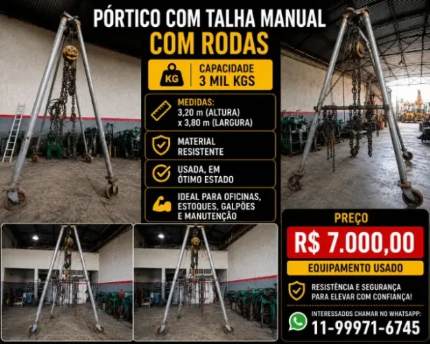 PÓRTICO COM TALHA MANULA DE 3 MIL KGS C/ RODAS 3,80 l X 3,20 aLT