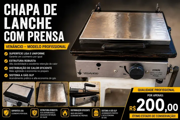 Chapa de Lanche a Gás Venâncio Profissional (Com Prensa) 200,00R$