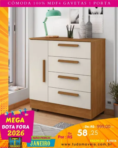 Cômoda 1 porta com 4 gavetas 100%MDF