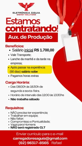 Vaga para Auxiliar de Produção