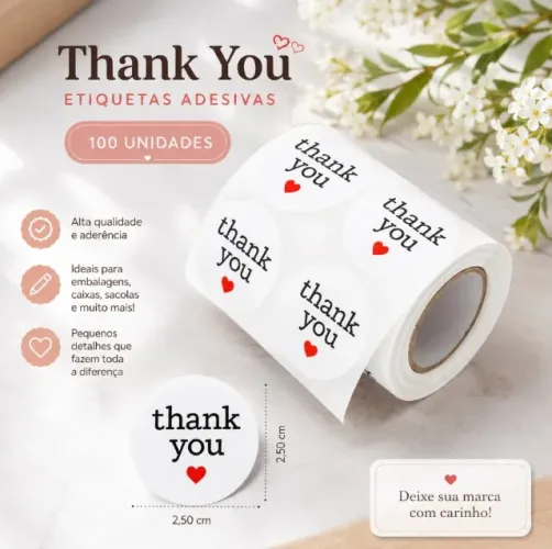 100 Etiquetas Thank You Obrigado Branca Com Coração Vermelho