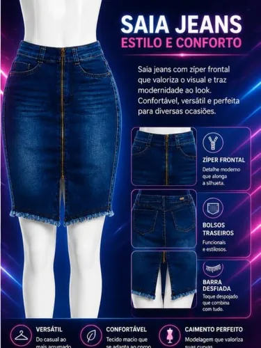 Saia Jeans com Zíper Frontal