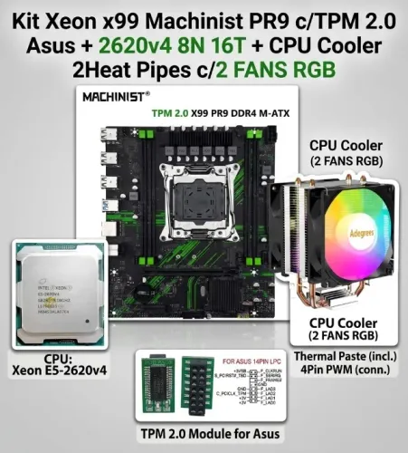 Kit Xeon x99 2620v4 8 Nucleos/16 T + Placa Mãe Machinist PR9 c/TPM2.0 + CPU cooler