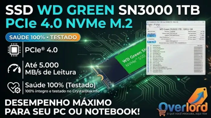 Ssd M.2 1tb Wd Green Sn3000 Pcie Gen 4 X4 Leitura 5000 Mb/s (Saúde: 100% - 2 meses de uso)