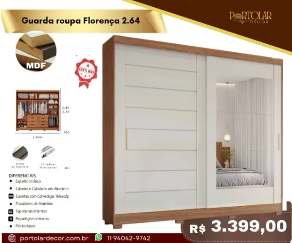 Guarda Roupa Florença 2,64, a pronta entrega