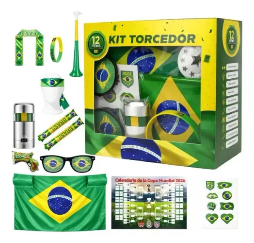 Kit Torcedor Brasil 12 Itens Copa 2026 Festa Futebol Adesivo Corneta Bandeira Oculos Brasi