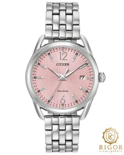 Relógio Citizen Eco-Drive FE6080-71X Feminino Mostrador Rosa, Aço Inox, Carregamento Solar