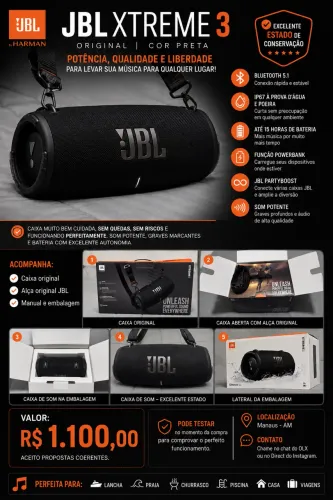 JBL Xtreme 3 Original Preta | Completa | Caixa e Alça Originais | Estado de Nova