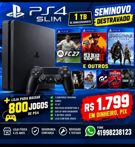 PS4 SLIM 1TB SEMINOVO DESTRAVADO COM JOGOS,FC 27 E OUTROS,LOJA, GARANTIA
