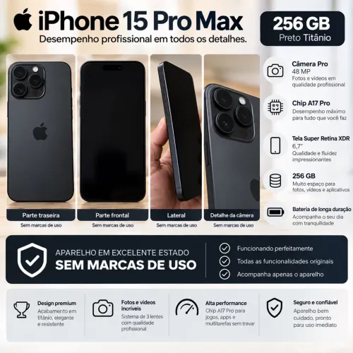 iPhone 15 Pro Max 256GB Preto Titânio | Sem Marcas de Uso
