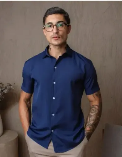 Camisa Manga Curta, Azul, Tamanho P, Poliéster