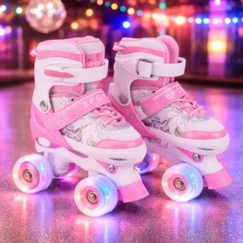 Patins Infantil 4 Rodas Led Branco e Rosa Unicôrnio - 33-36