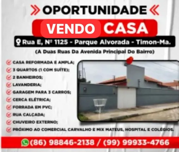 VENDO CASA GRANDE, AMPLA, SEGURA E CONFORTAVEL EM TIMON-MA. Meu Whatsapp *
