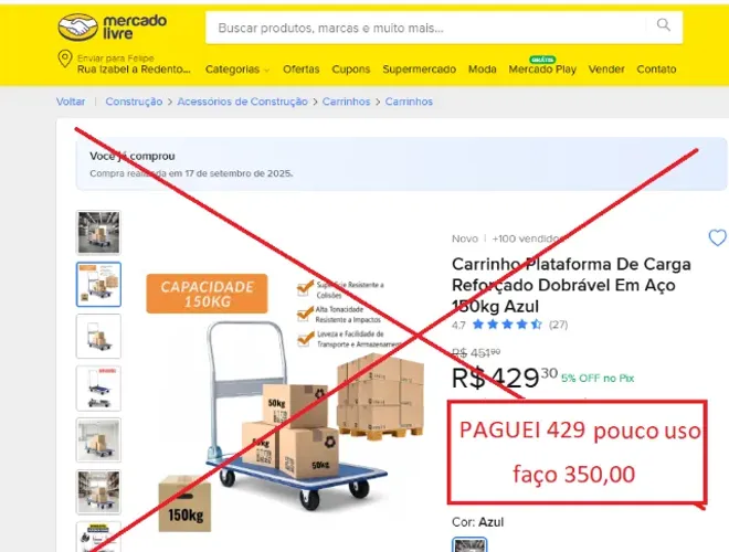 Carrinho Plataforma De Carga Reforçado Dobrável Em Aço 150kg Azul