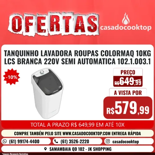 TANQUINHO LAVADORA ROUPAS COLORMAQ 10KG LCS BRANCA 220V SEMI AUTOMATICA 102.1.003.1