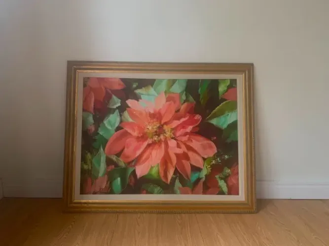 Pintura Original Óleo Sobre Tela Floral com Moldura Clássica Dourada