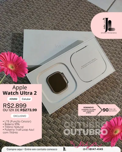 APPLE WATCH ULTRA 2, 49MM, CELULAR, BAT 93%, SEMINOVO, NA CAIXA, EXCLUSIVO!