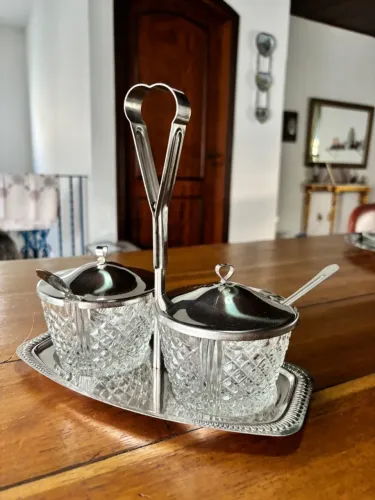 Conjunto Açucareiro/Pimenteiro em Vidro Lapidado Inox Vintage Completo