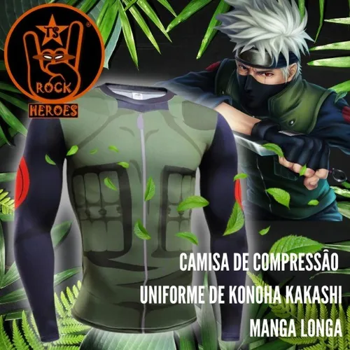 Camisa de Compressão Uniforme de Konoha Kakashi Naruto Manga Longa Rashguard Elastano